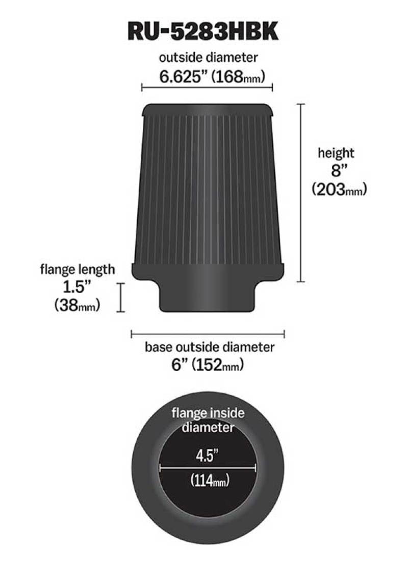 K&N Universal Rubber Filter-Round Tapered 4.5in Flange ID x 8in Base OD x 6.625in Top OD x 8in H K&N Engineering