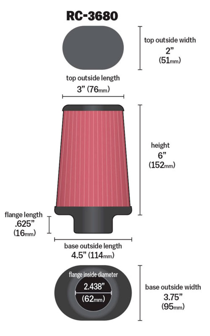 K&N Universal Clamp-On Air Filter 2-7/16in Flange 4-1/2x3-3/4in Base 3x2in Top 6in Height K&N Engineering