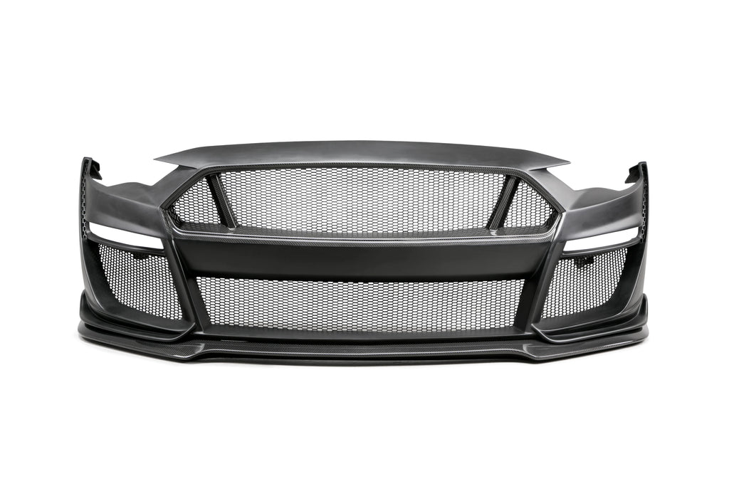 18-23 Ford Mustang GT500 Style Fiberglass Front Bumper W/Carbon Fiber Grille & Lip - AC-FB18FDMU-ST-PC