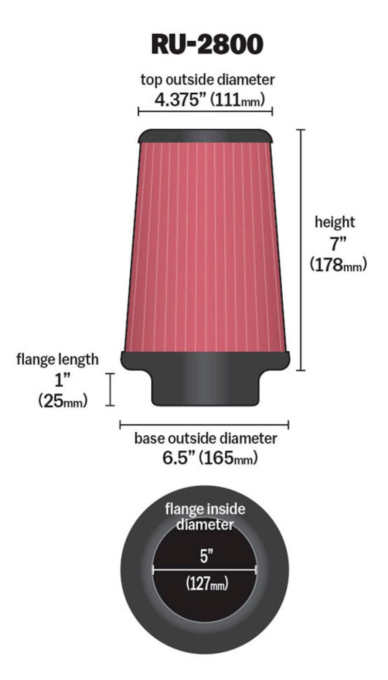 K&N Filter Universal Rubber Filter 5 inch Flange 6 1/2 inch Base 4 3/8 inch Top 7 inch Height K&N Engineering