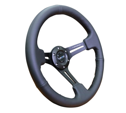 NRG Reinforced Steering Wheel (350mm / 3in. Deep) Blk Leather/Red Stitch w/Neochrome Slits - RST-018R-MCRS