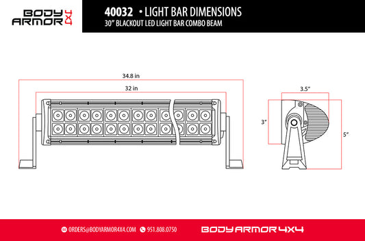 Body Armor 4x4 30in Blackout LED Light Bar Combo Beam with Wiring Harness