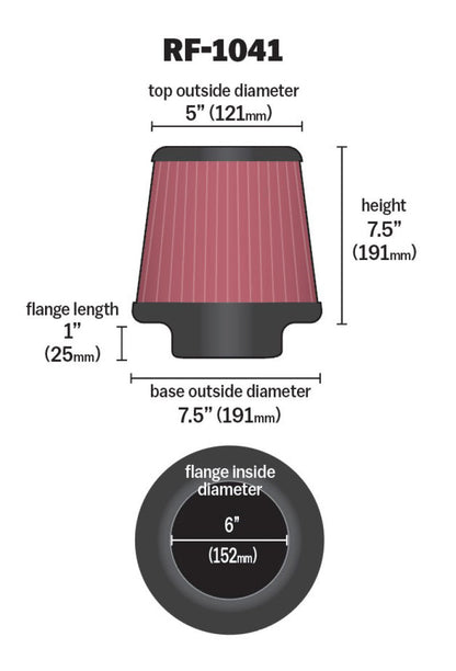 K&N Round Tapered Universal Air Filter 6 inch Flange 7 1/2 inch Base 5 inch Top 7 1/2 inch Height K&N Engineering