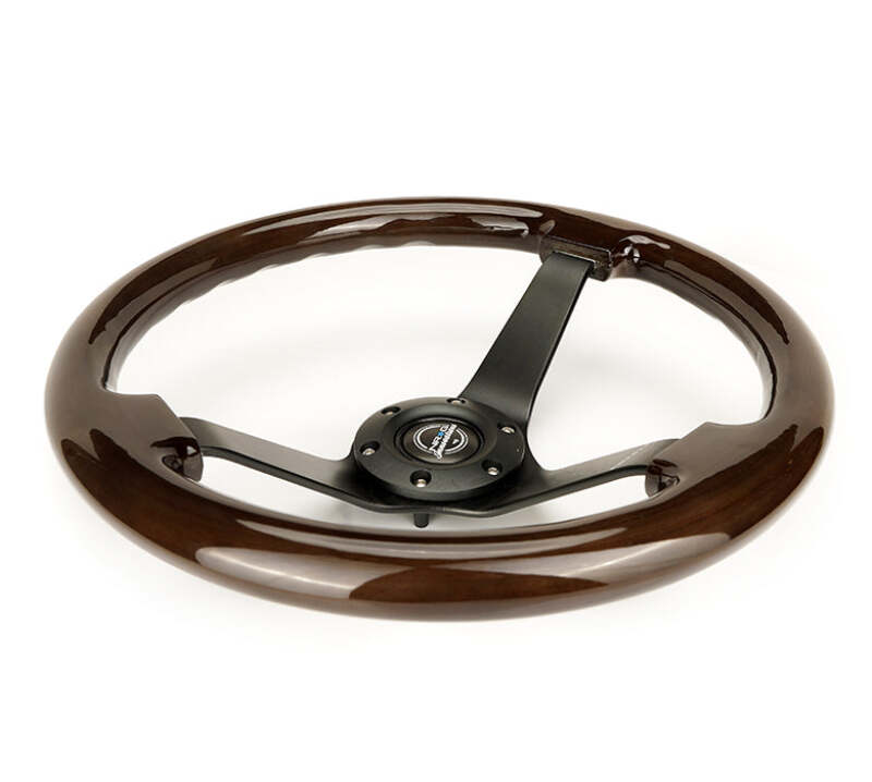 NRG Reinforced Steering Wheel (350mm) Dark Wood Grain - 3in Deep - Black 3-Spoke Center - RST-036BK-BKW