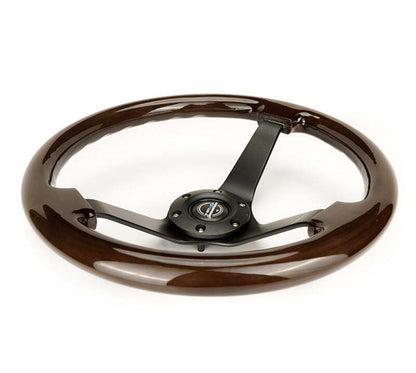 NRG Reinforced Steering Wheel (350mm) Dark Wood Grain - 3in Deep - Black 3-Spoke Center - RST-036BK-BKW