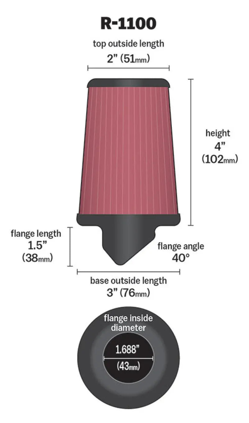 K&N Universal Rubber Filter Round Tapered 3in Base OD x 2in Top OD x 4in H - 73-78 Honda ATC90 K&N Engineering