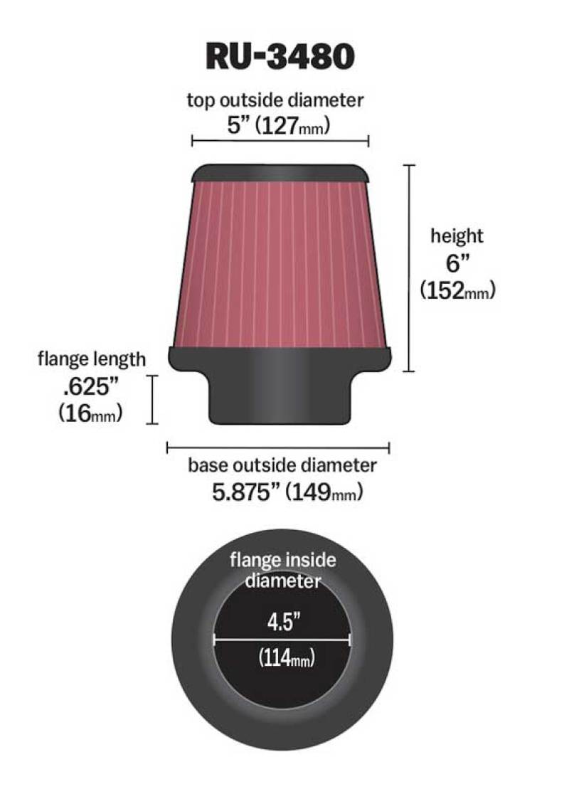 K&N Universal Rubber Filter 4 1/2 inch FLG / 5 7/8 inch Base / 5 inch Top / 6 inch Height