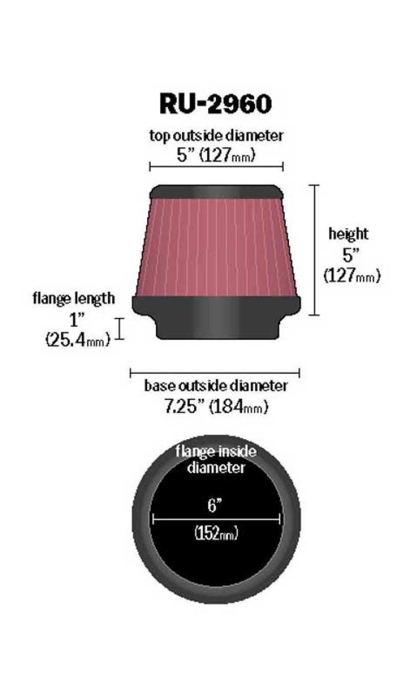 K&N Universal Tapered Filter 6in Flange ID x 7.5in Base OD x 5in Top OD x 5in Height K&N Engineering