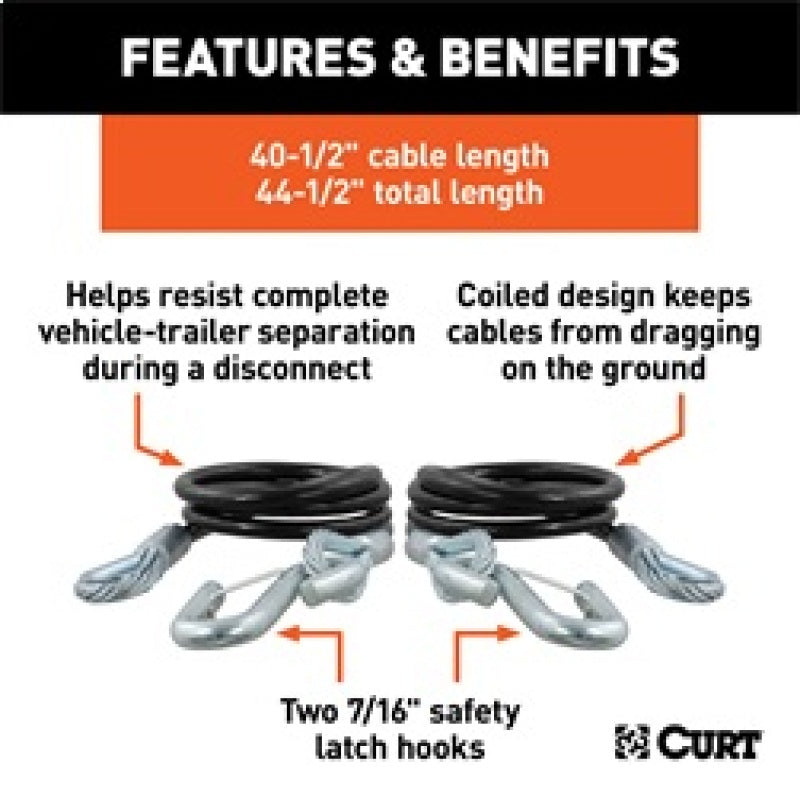 RockJock Curt Towing Safety Cable Kit 44 1/2in Long w/ 2 Snap Hooks 5000lbs 2-Pack RockJock