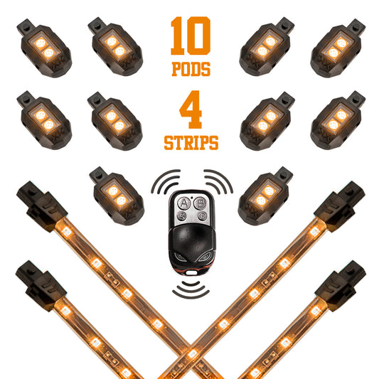 XKGlow Amber - 10xPod + 4x8"Strips Single Color XKGlow LED Accent Light Motorcycle Kit - 14 Piece - Part XK034002-A