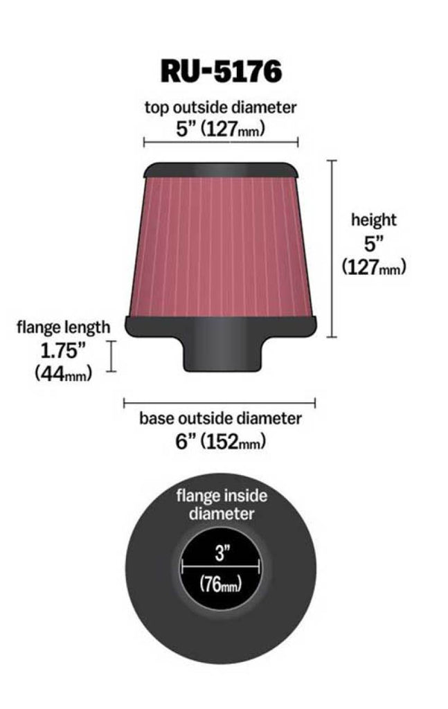 K&N Universal Rubber Filter-Round Tapered 3in Flange ID x 6in Base OD x 6in Top OD x 5in H