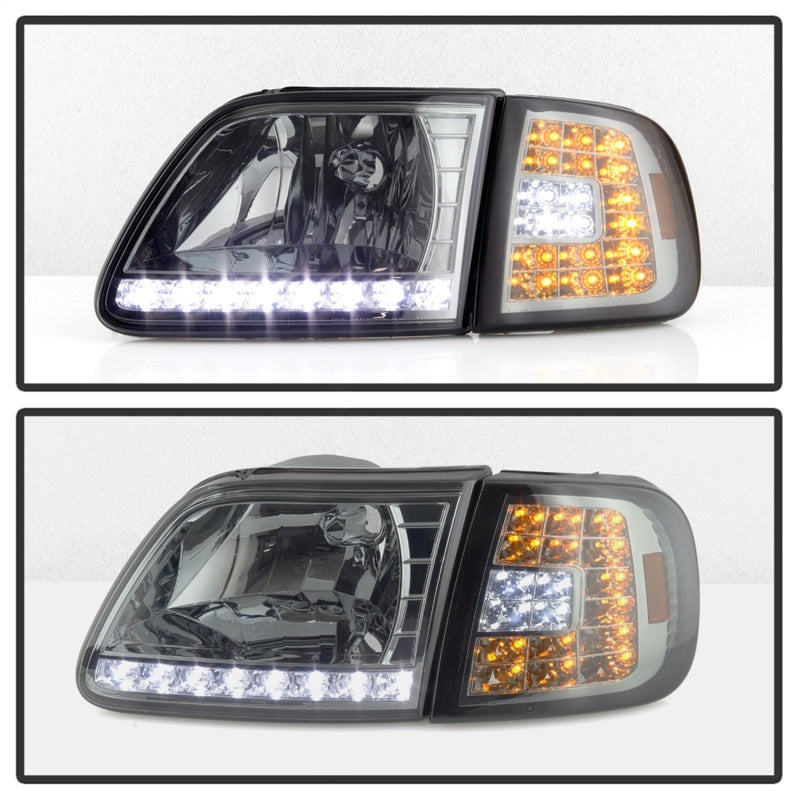Xtune Ford F150 97-03 Crystal Headlights w/ Clear LED Corners Smoke HD-ON-FF15097-LED-SET-SM SPYDER