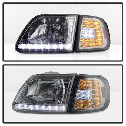 Xtune Ford F150 97-03 Crystal Headlights w/ Clear LED Corners Smoke HD-ON-FF15097-LED-SET-SM SPYDER