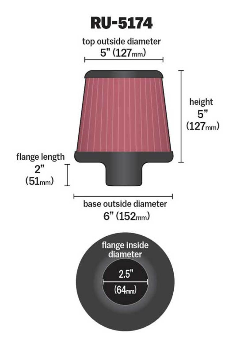K&N Universal Rubber Filter-Round Tapered 2.5in Flange ID x 6in Base OD x 5in Top OD x 5in Height K&N Engineering