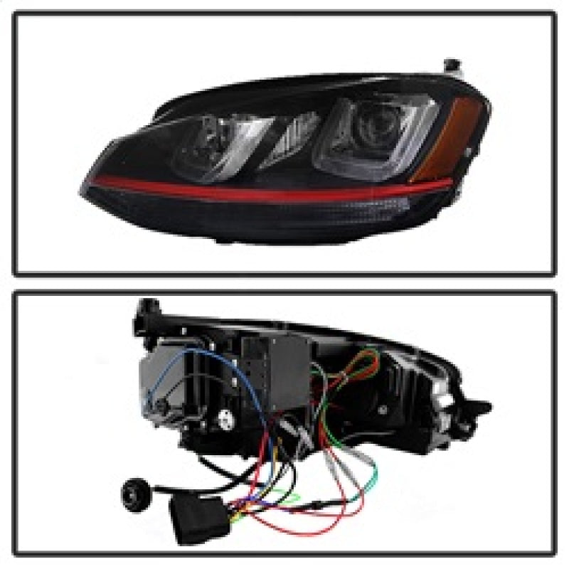 Spyder Volkswagen Golf VII 14-16 Projector Headlights DRL LED Red Stripe Blk PRO-YD-VG15-RED-DRL-BK SPYDER