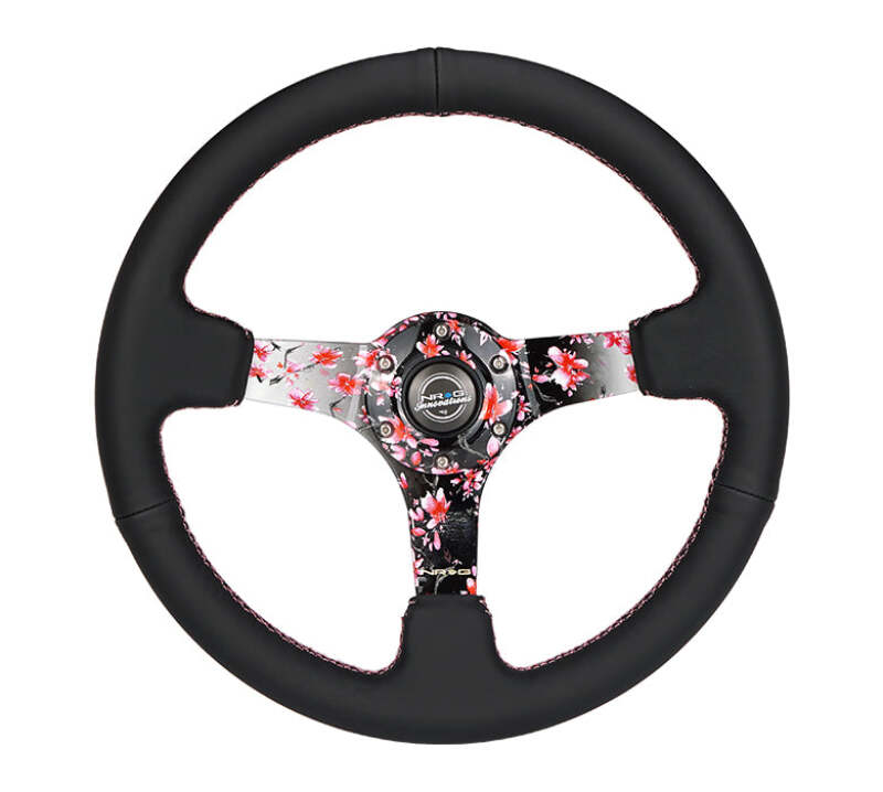 NRG Reinforced Steering Wheel (350mm/3in.) Hydro Dipped Sakura Floral w/ Pink Suede Black Stitch - RST-036SAK-R
