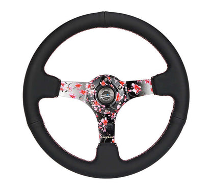 NRG Reinforced Steering Wheel (350mm/3in.) Hydro Dipped Sakura Floral w/ Pink Suede Black Stitch - RST-036SAK-R