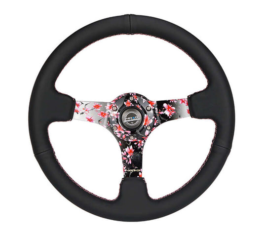 NRG Innovations 350mm Reinforced Solid-Spoke Steering Wheel - Suede - Sakura Floral - Sakura Floral Hydro-Dipped Spokes – RST-036SAK-R