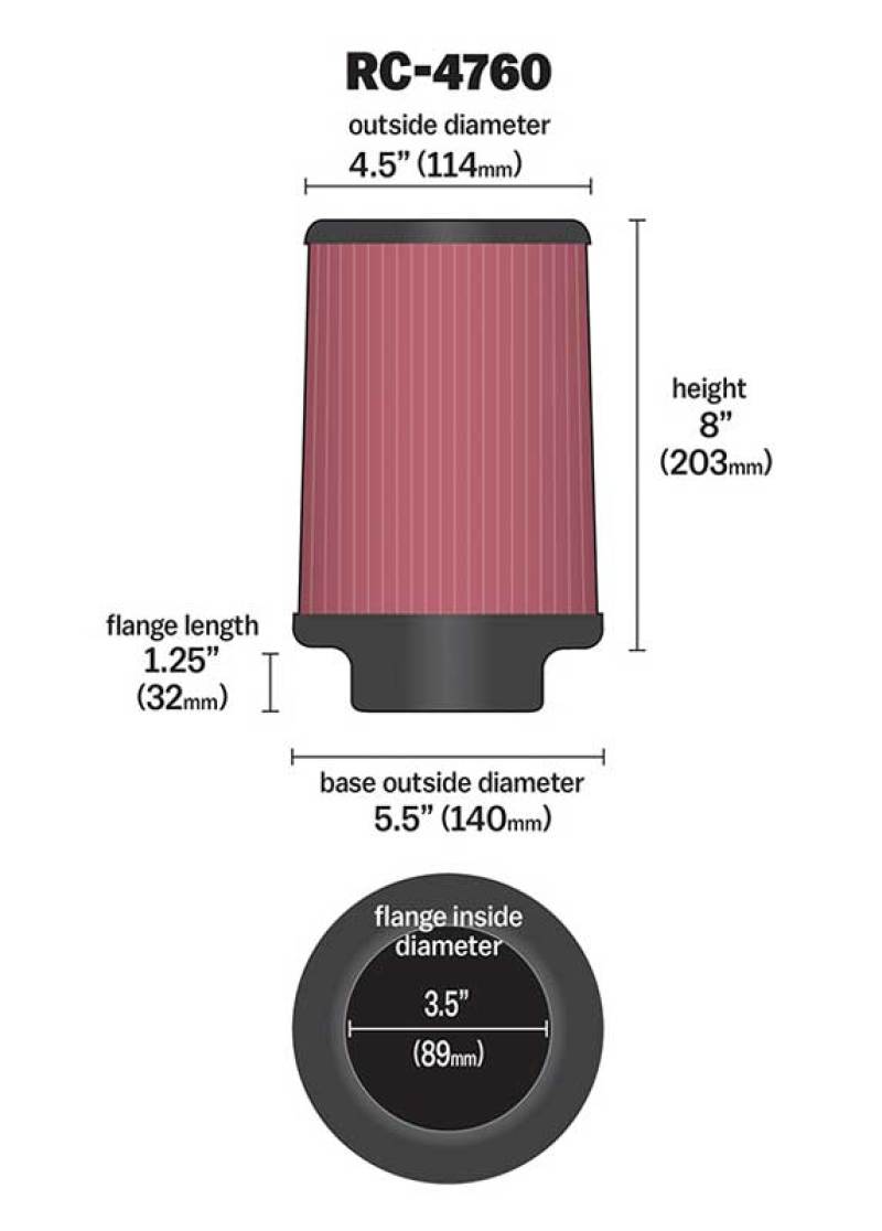 K&N Universal Chrome Filter 3 1/2 inch FLG / 5 1/2 inch Bottom / 4 1/2 inch Top / 8 inch Height K&N Engineering