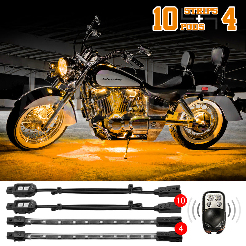 XK Glow Strips Single Color XKGLOW LED Accent Light Motorcycle Kit Amber - 10xPod + 4x8In