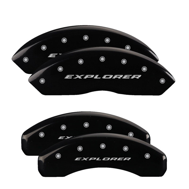 MGP 4 Caliper Covers Engraved Front & Rear 2012+ Ford Explorer Black Finish Silver Logo MGP