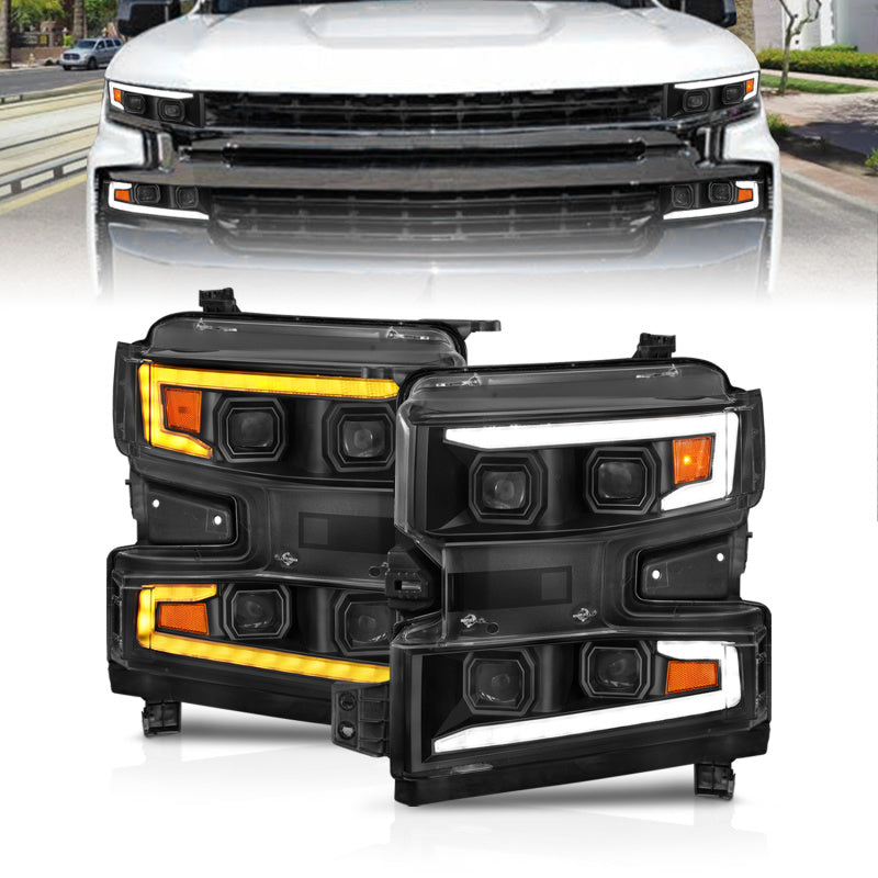 ANZO 19-22 Chevrolet Silverado 1500 LED Proj HL w/Lgt Bar SwBk Seq. Blk w/In. Light - Driver Side ON ANZO