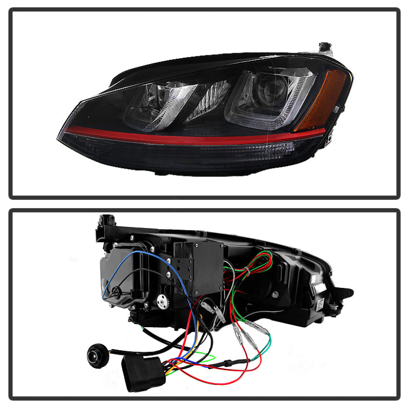 Spyder Volkswagen Golf VII 14-16 Projector Headlights DRL LED Red Stripe Blk PRO-YD-VG15-RED-DRL-BK SPYDER