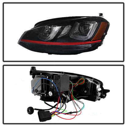 Spyder Volkswagen Golf VII 14-16 Projector Headlights DRL LED Red Stripe Blk PRO-YD-VG15-RED-DRL-BK SPYDER