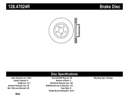 StopTech 05-10 Subaru Legacy / 10 Outback Drilled Right Front Rotor Stoptech