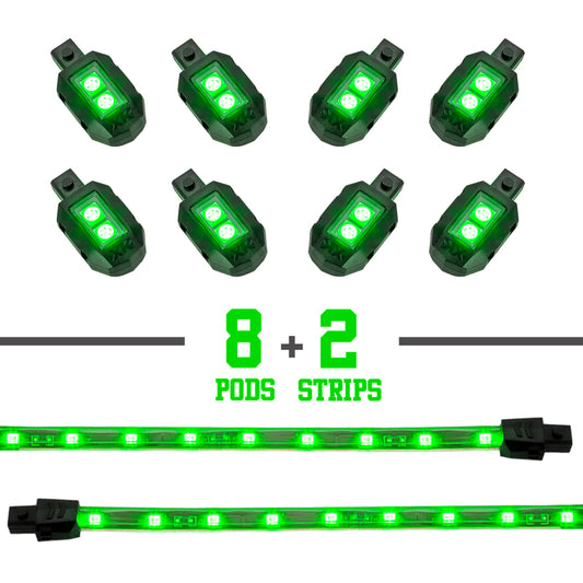 XKGlow Green - 8xPod + 2x8"Strips Single Color XKGlow LED Accent Light Motorcycle Kit - 10 Piece - Part XK034001-G