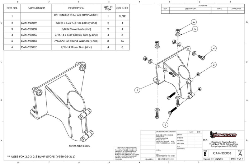 Camburg 07-21 Toyota Tundra 2wd/4wd Bolt-on Rear FOX 2.0 Bump Stop Mount Kit (S/O) Camburg
