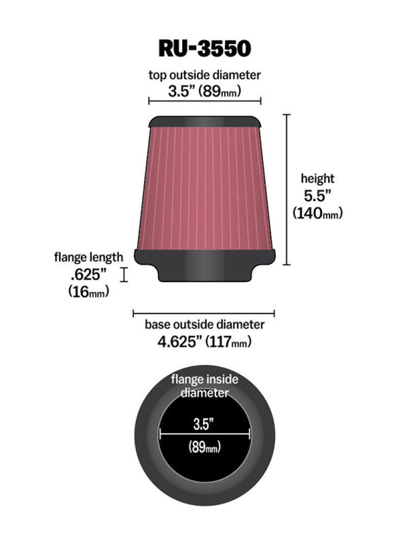 K&N Universal Rubber Filter 3 1/2 inch FLG / 4 5/8 inch Base / 3-1/2 inch Top / 5 1/2 inch Height K&N Engineering