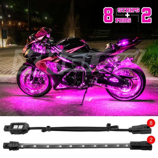 XKGlow Pink - 8xPod + 2x8"Strips Single Color XKGlow LED Accent Light Motorcycle Kit - 10 Piece - Part XK034001-P
