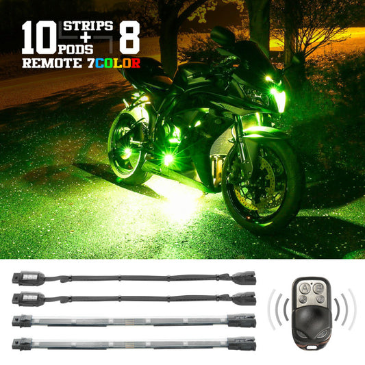 XKGlow 10xCompact Pods + 8x10" Flex Strips 7 Color Remote Control XKGlow LED Accent Light Motorcycle/ATV/Snowmobile Kit - 18 Piece - Part XK034017
