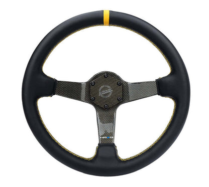 NRG Carbon Fiber Steering Wheel (350mm) Leather Trim w/Gold Stiching/Center Mark - RST-036CF-GD