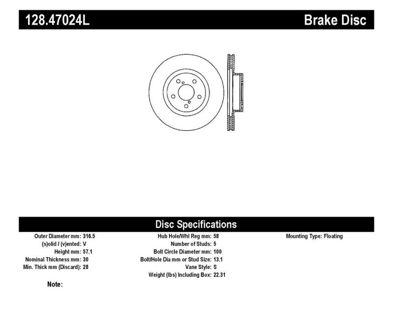 StopTech 05-10 Subaru Legacy / 10 Outback Drilled Left Front Rotor