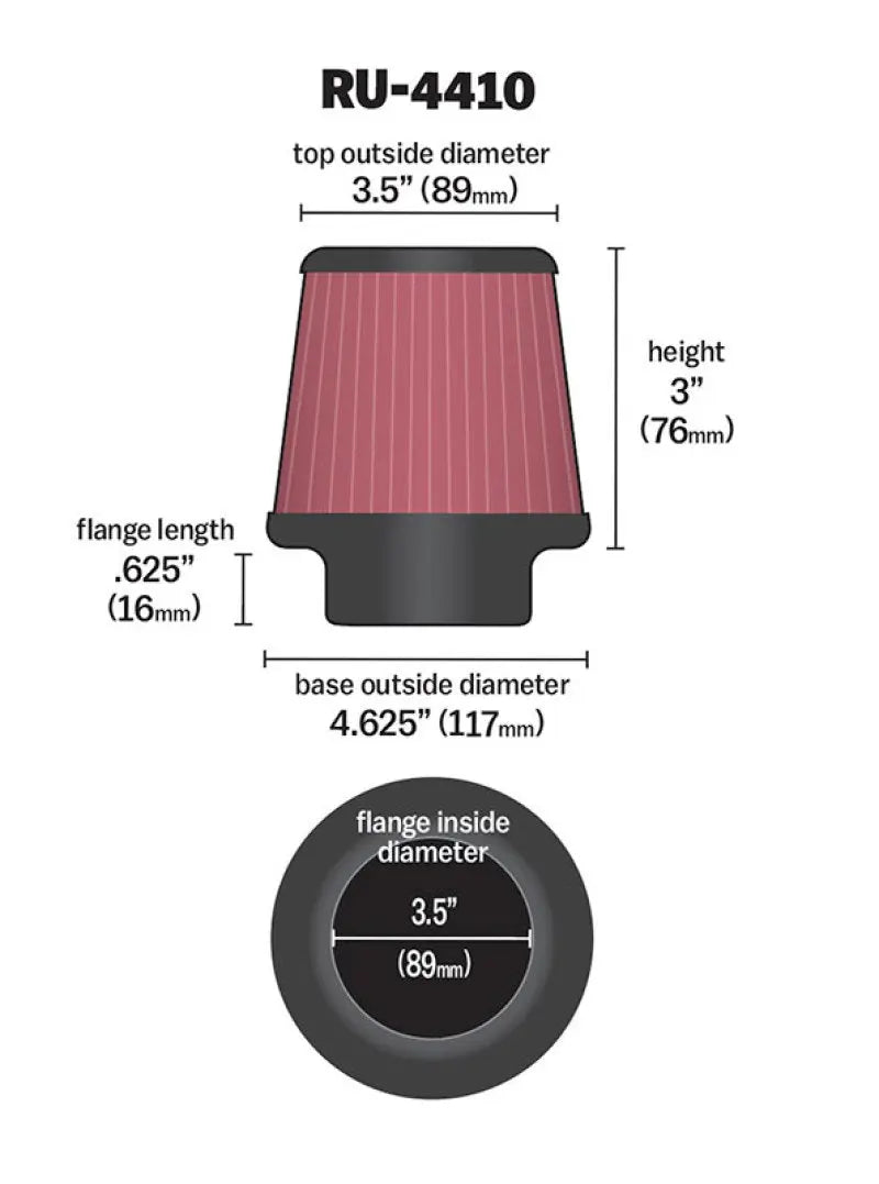 K&N Filter Universal Rubber Filter 3 1/2 inch Flange 4 5/8 inch Base 3 1/2 inch Top 3 inch Height K&N Engineering
