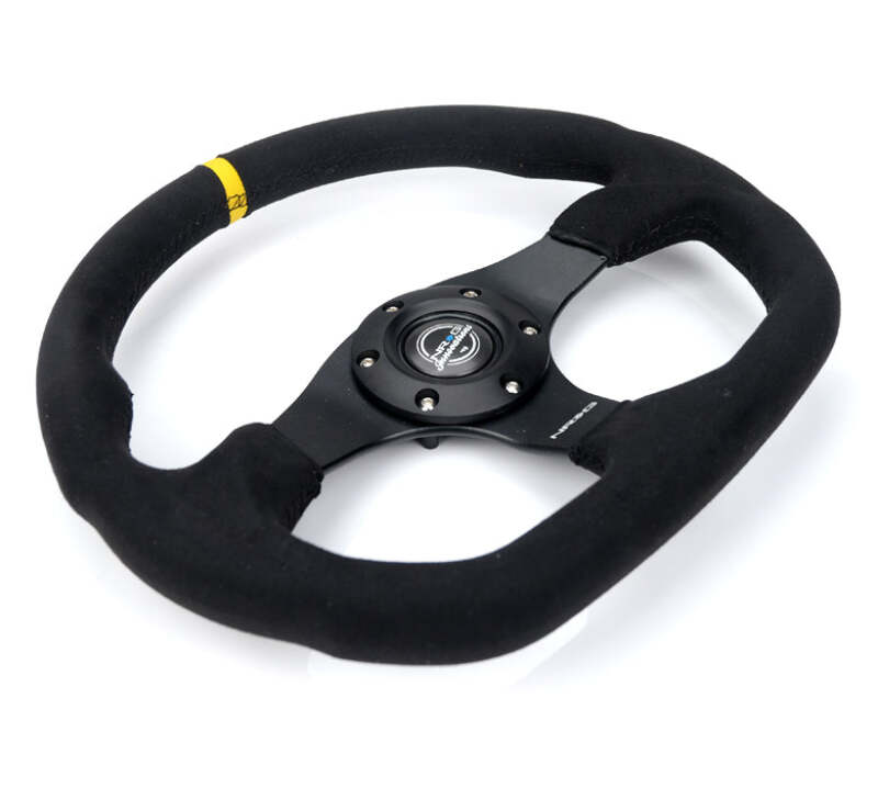 NRG Reinforced Steering Wheel (320mm) Sport Alcantara Flat Bottom w/ Yellow Center Mark - RST-024MB-SA-Y