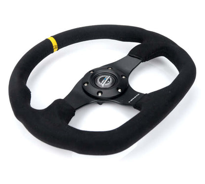 NRG Reinforced Steering Wheel (320mm) Sport Alcantara Flat Bottom w/ Yellow Center Mark - RST-024MB-SA-Y