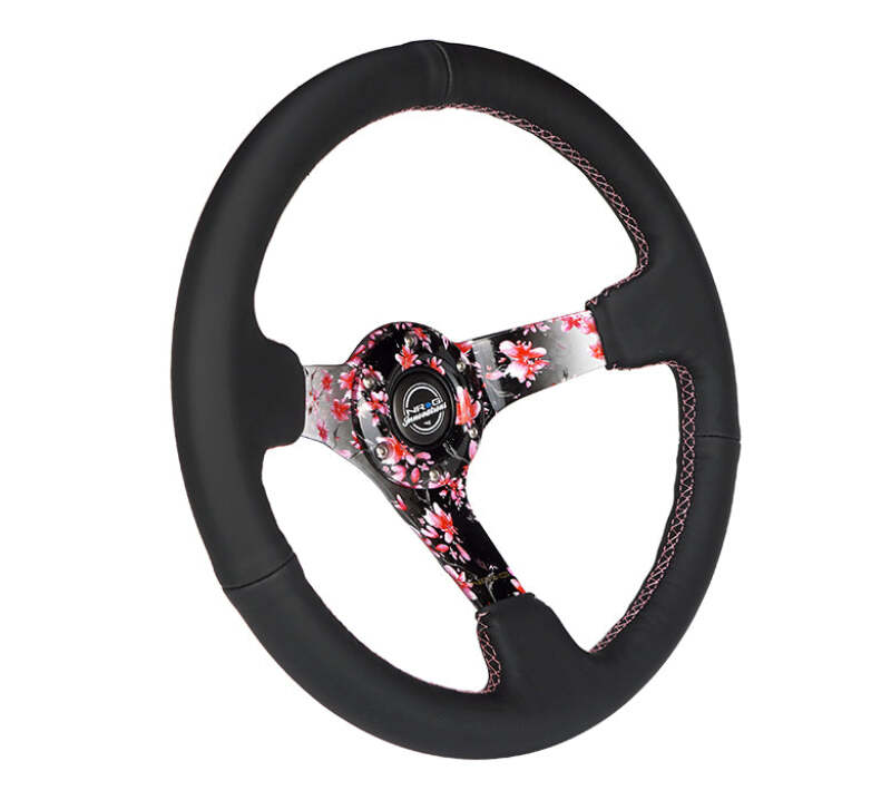 NRG Reinforced Steering Wheel (350mm/3in.) Hydro Dipped Sakura Floral w/ Pink Suede Black Stitch - RST-036SAK-R