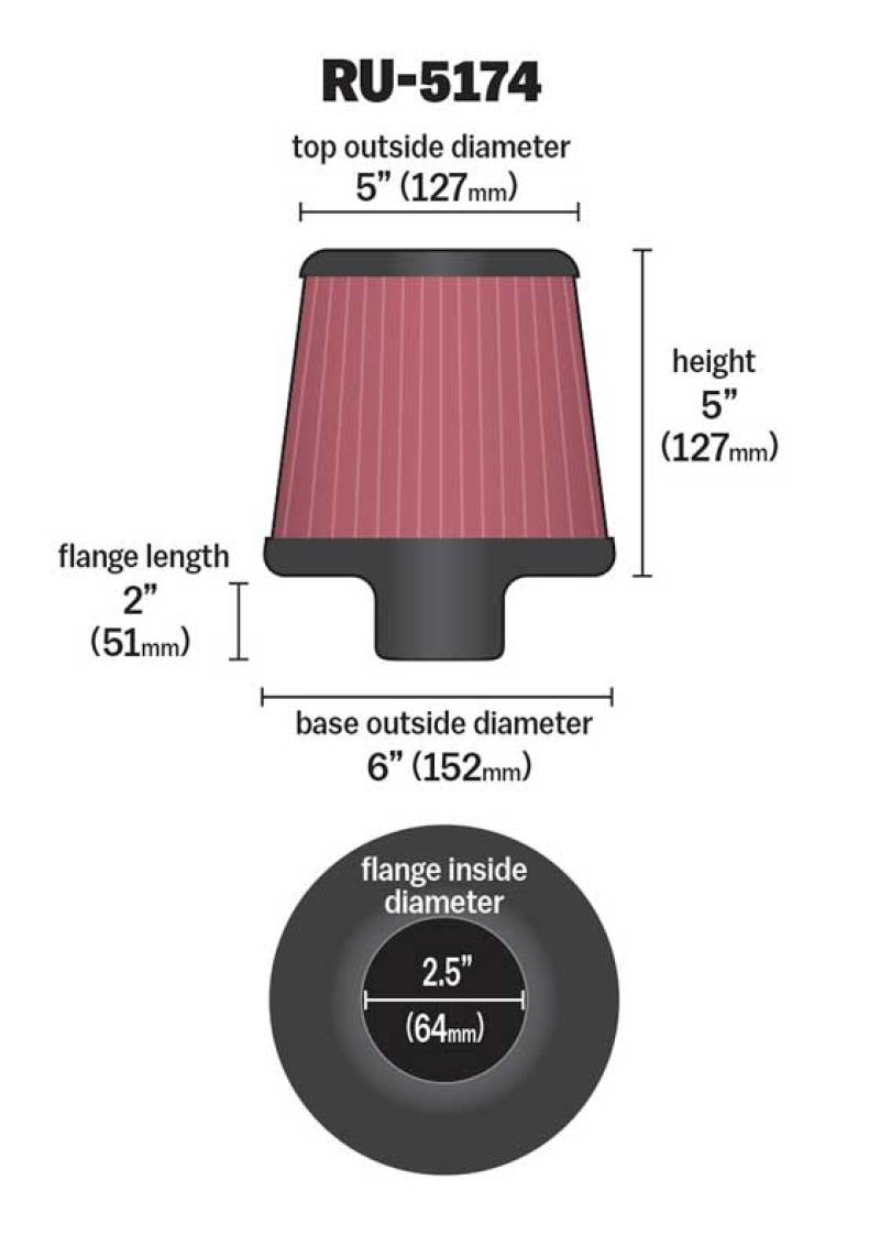 K&N Universal Rubber Filter-Round Tapered 2.5in Flange ID x 6in Base OD x 5in Top OD x 5in Height K&N Engineering
