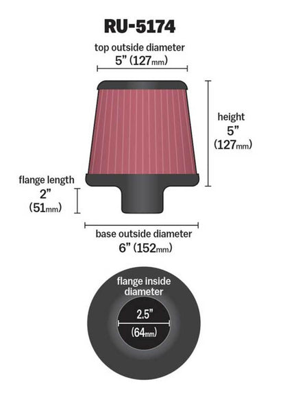 K&N Universal Rubber Filter-Round Tapered 2.5in Flange ID x 6in Base OD x 5in Top OD x 5in Height K&N Engineering