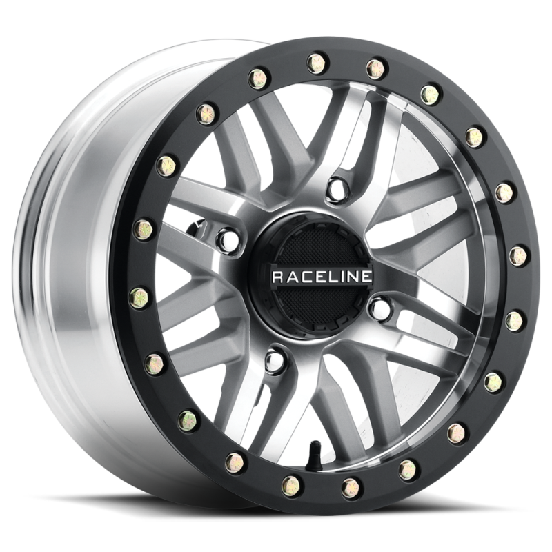 Raceline A91MA Ryno 14x7in/4x137 BP/10mm Offset/110.18mm Bore - Machined & Black Ring Beadlock Wheel