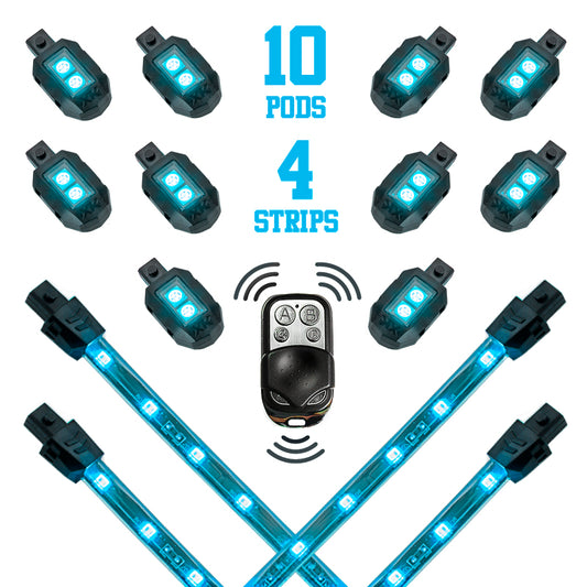 XKGlow Light Blue - 10xPod + 4x8"Strips Single Color XKGlow LED Accent Light Motorcycle Kit - 14 Piece - Part XK034002-AB