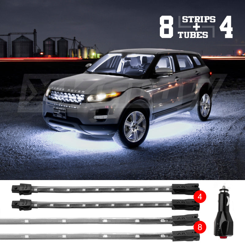 XK Glow Strip Single Color Underglow LED Accent Light Car/Truck Kit White - 8x24In Tube + 4x8In