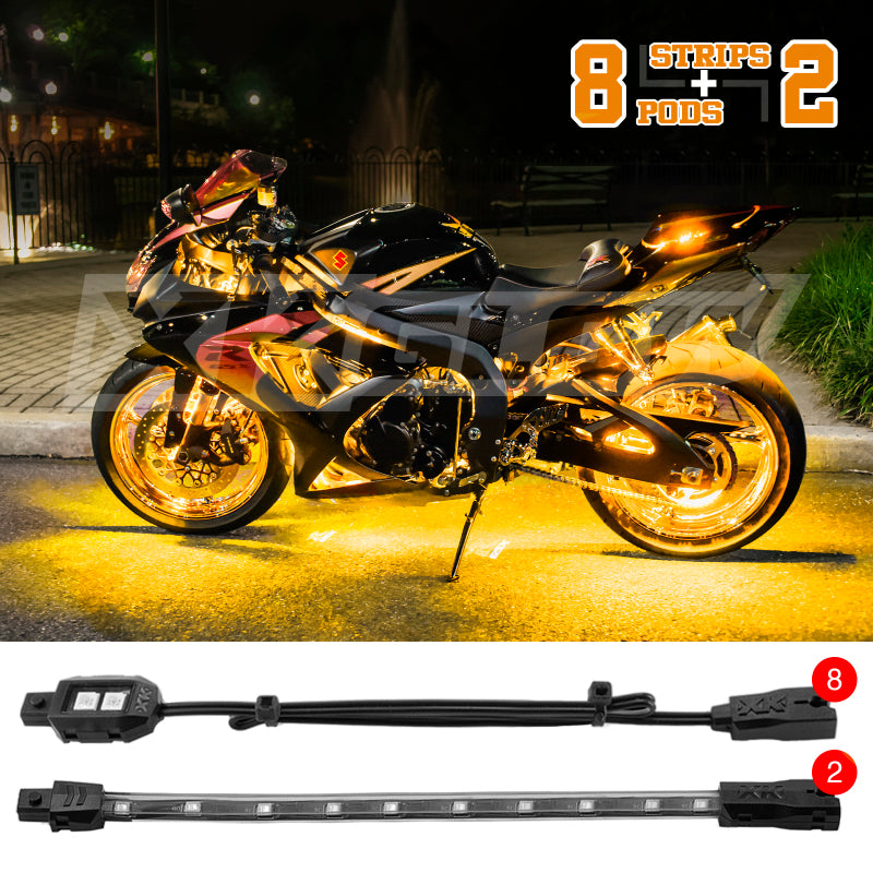 XK Glow Strips Single Color XKGLOW LED Accent Light Motorcycle Kit Amber - 8xPod + 2x8In