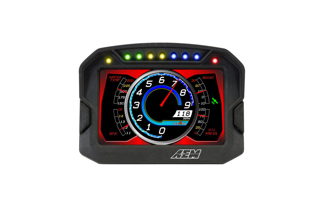 AEM CD-5L Carbon Logging Display with a 5-inch full-color screen and rugged carbon fiber composite housing (Part #30-5601).