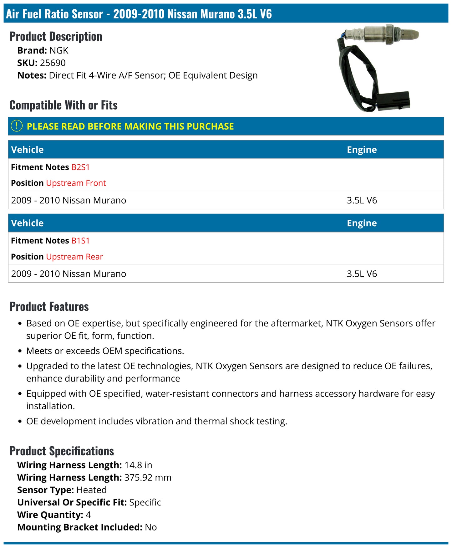 NGK 2010-09 Nissan Murano OE Type 4-Wire A/F Sensor