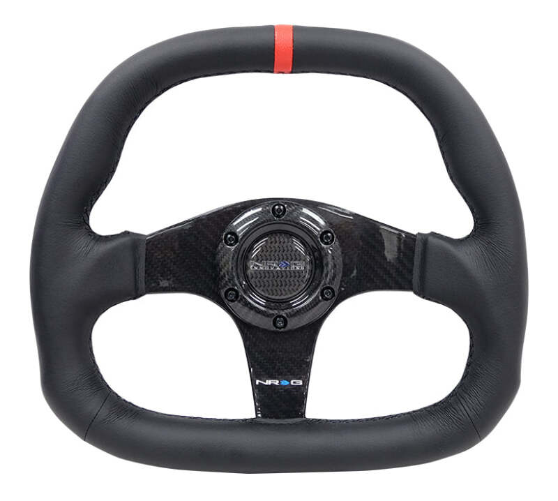 NRG Carbon Fiber Steering Wheel (320mm) Black CF Center w/Black Stitch Red Center Mark Flat Bottom - ST-019CF-R