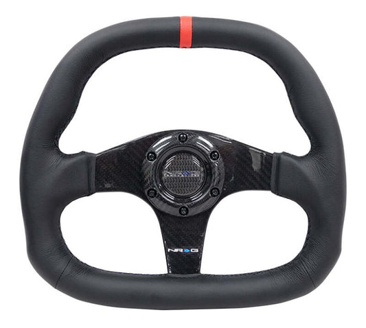 NRG Carbon Fiber Steering Wheel (320mm) Black CF Center w/Black Stitch Red Center Mark Flat Bottom - ST-019CF-R